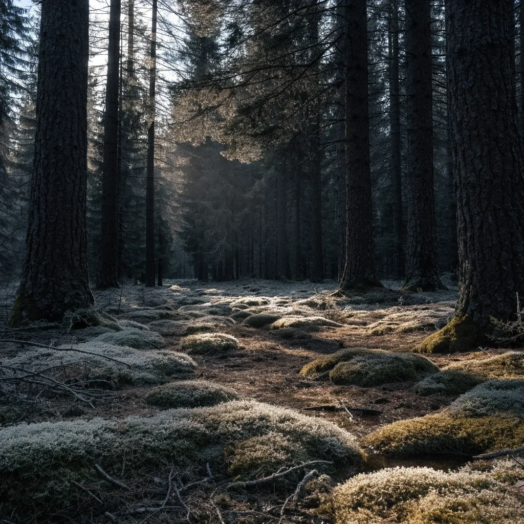 Interior de un bosque de coníferas del Pirineo con haces de luz dorada entre los troncos