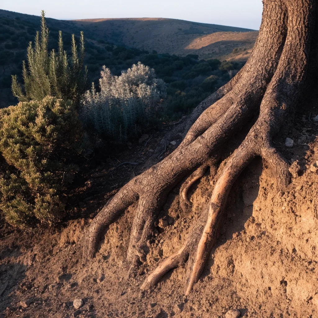 Ladera mediterránea seca con raíces expuestas y hojas coriáceas