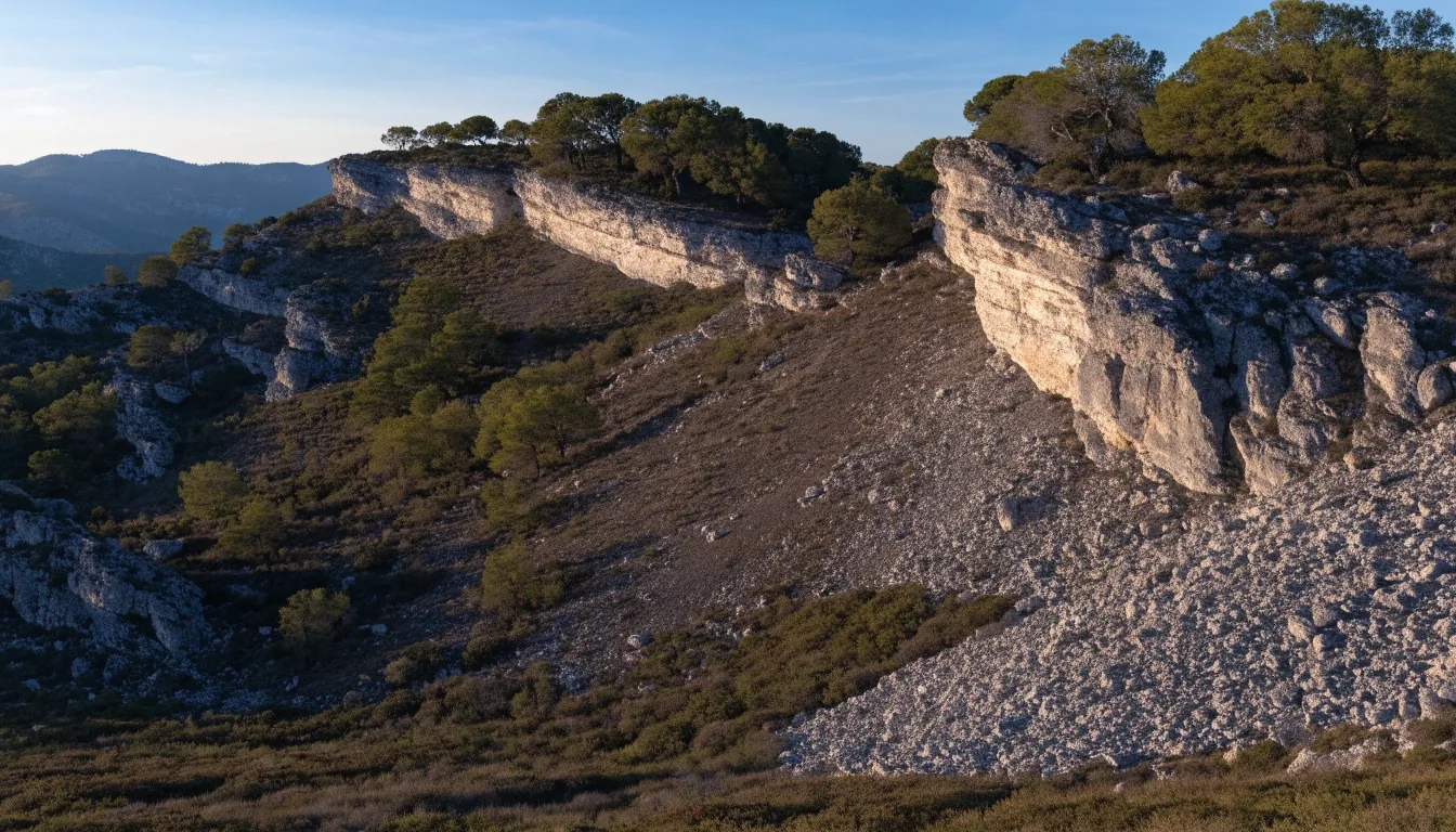Sierra caliza con manchas de bosque mediterráneo y roquedos