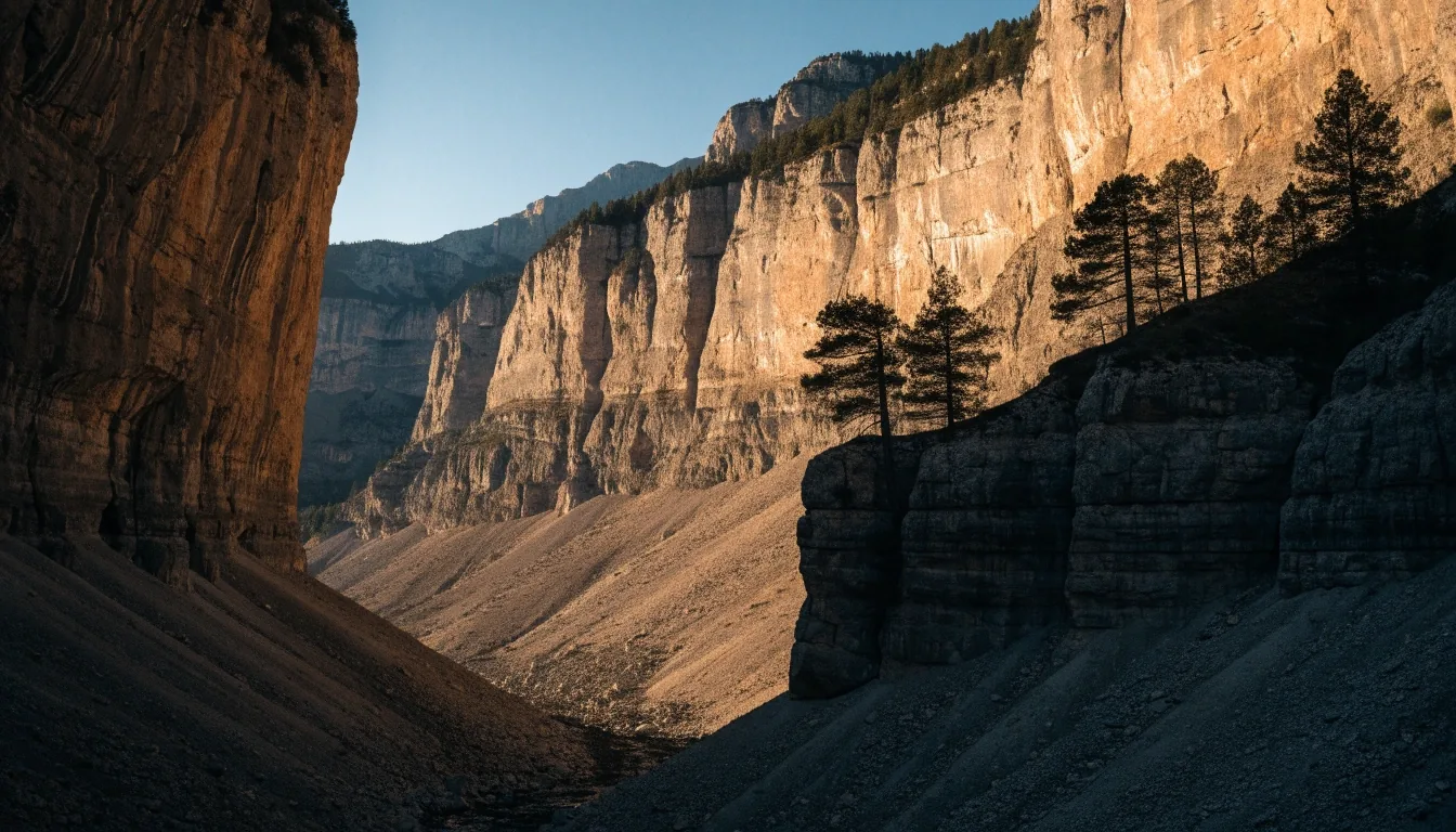 Cañones de Ordesa al atardecer, con la luz dorada sobre las paredes calizas del Pirineo aragonés