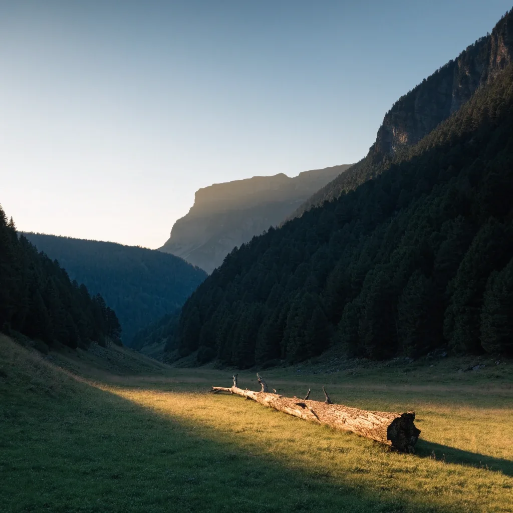 Fondo de valle pirenaico en Ordesa con pradera y laderas de coníferas al caer la tarde