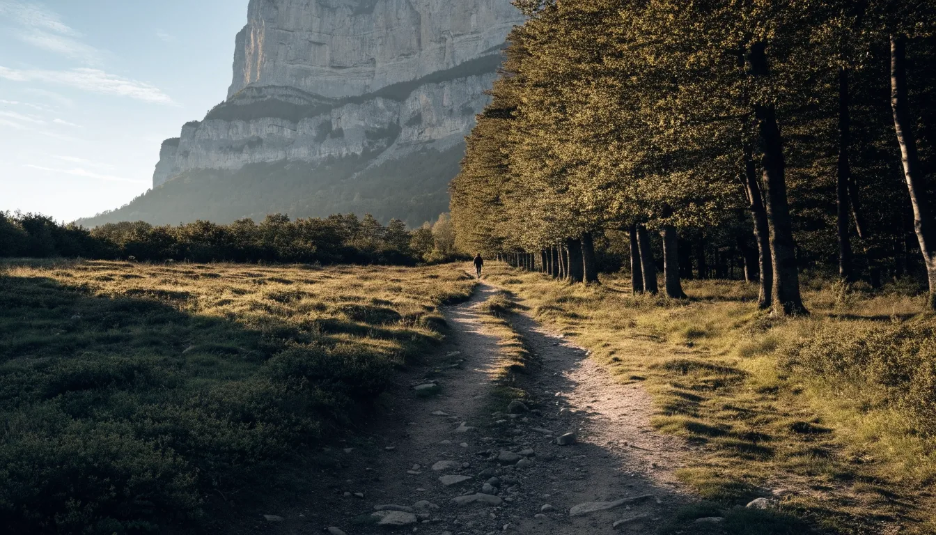 Sendero de montaña entre hayas y praderas en un valle de Ordesa al final del día