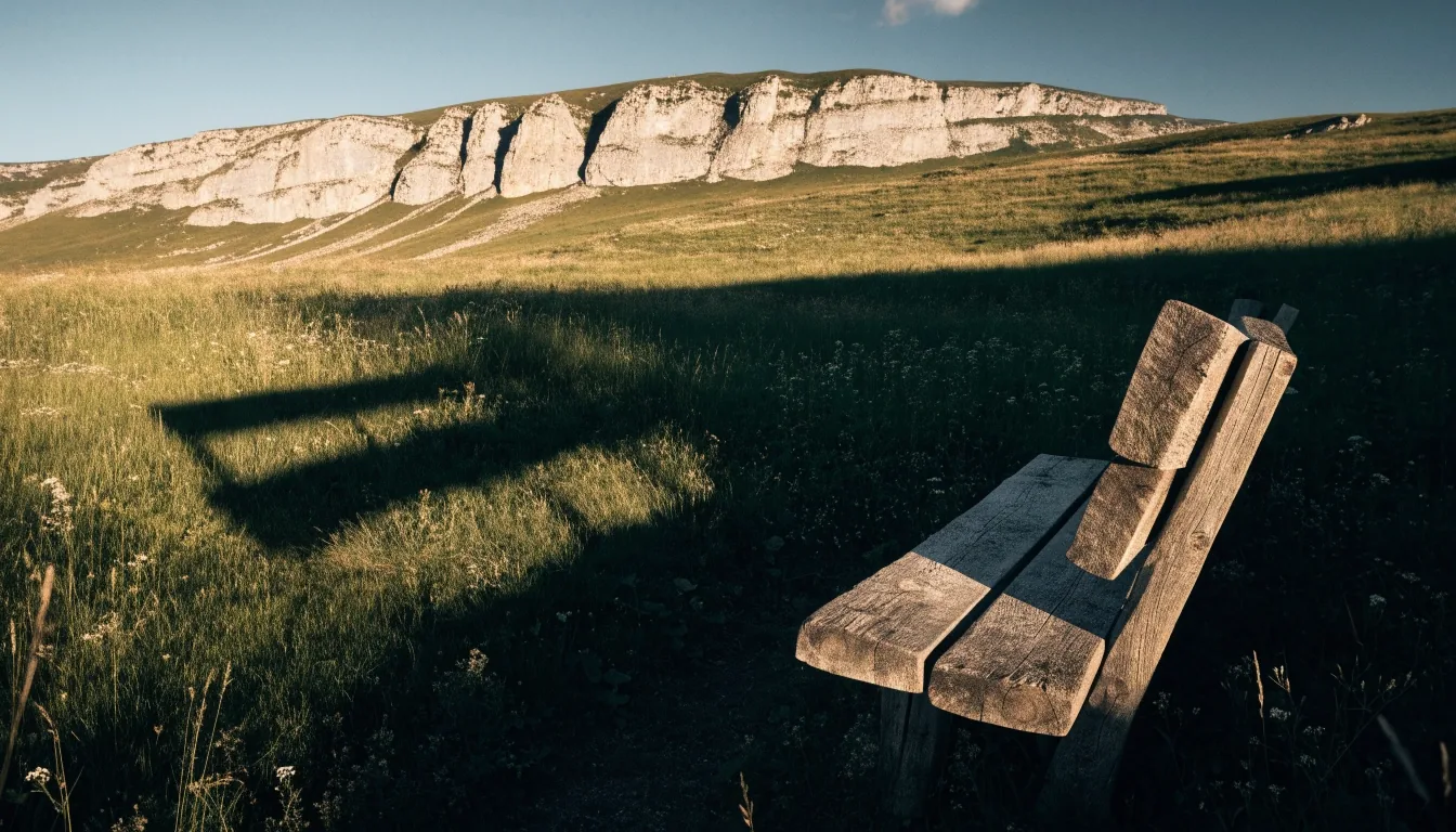 Sendero de montaña al atardecer con un banco de madera junto al camino