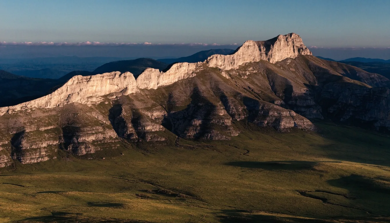 Crestas calizas y pastos de altura en los Picos de Europa durante la última luz de la tarde