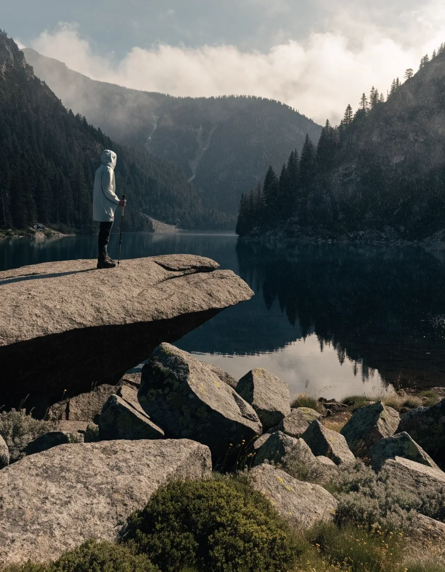 Estany de alta montaña en el Pirineo catalán con los bosques de coníferas reflejados en el agua