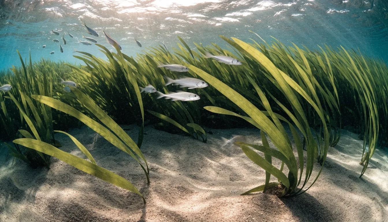 Pradera submarina de posidonia sobre fondo de arena, con haces de luz atravesando el agua
