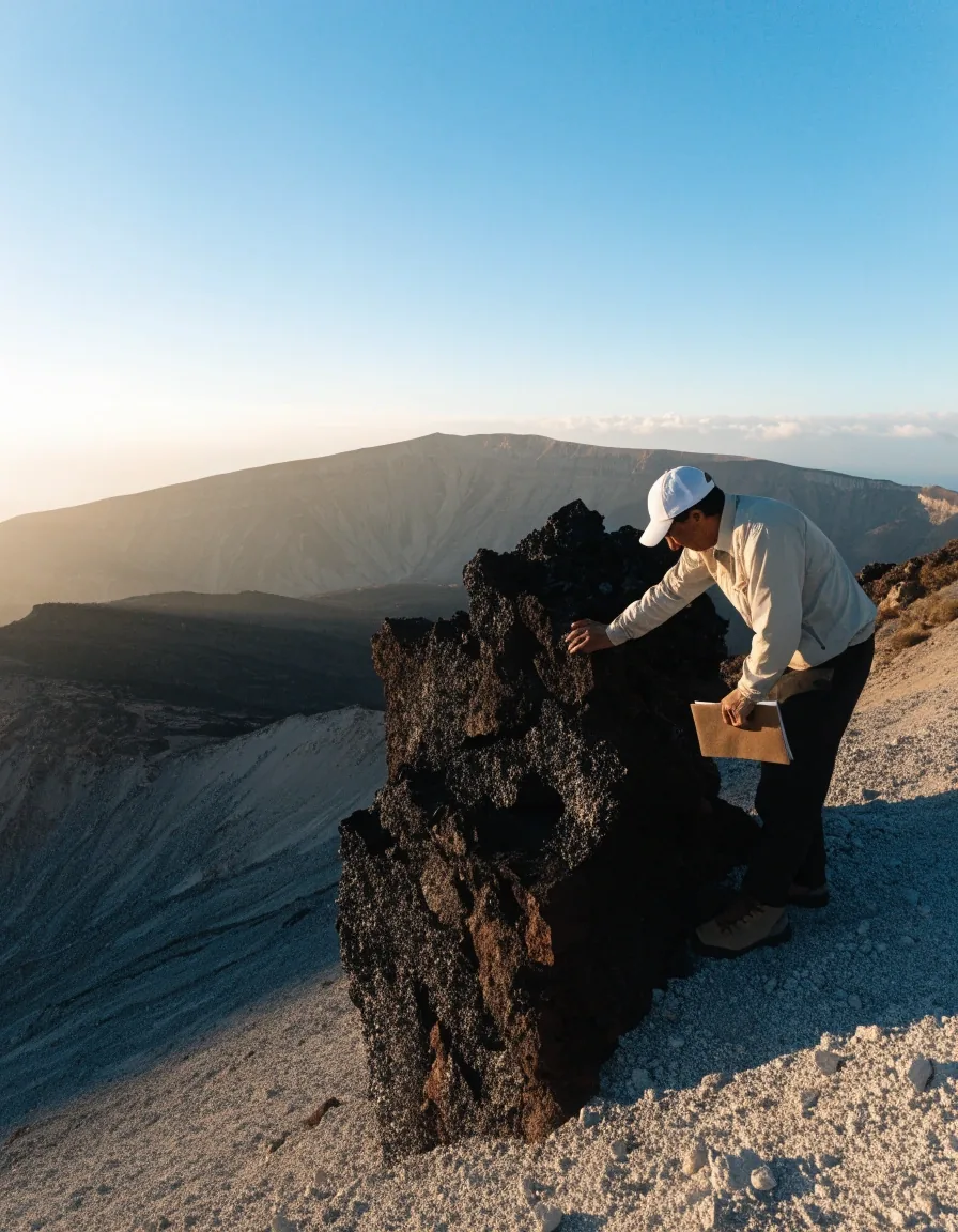 Terreno volcánico de altura en Tenerife al amanecer, con coladas y laderas de pumita sobre el borde de la caldera