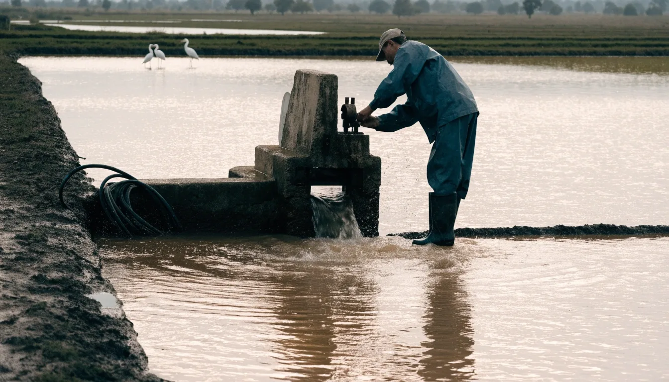 Arrozales inundados del Delta del Ebro con hileras de arroz joven y agua reflejando el cielo