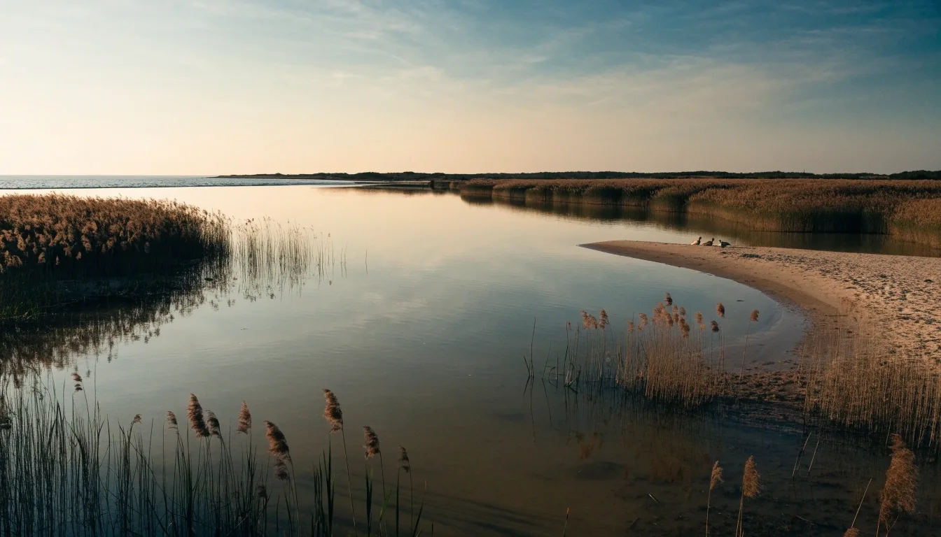 Laguna costera somera del Delta del Ebro al anochecer con carrizal y aves descansando