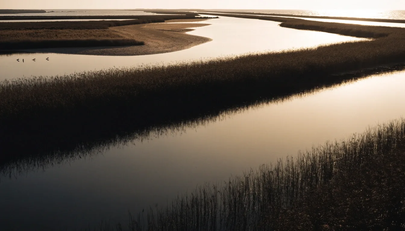 Marismas y arrozales del Delta del Ebro al atardecer, con lagunas someras y cañaverales