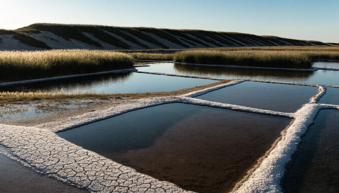 Salinas y marisma abierta del Delta del Ebro con costra de sal y hierba palustre