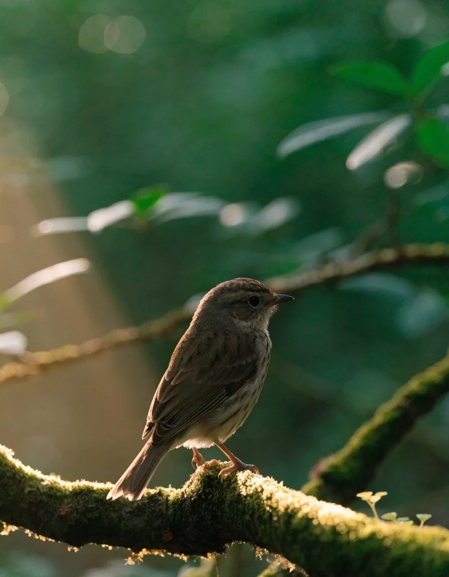Ave forestal posada en una rama cubierta de musgo dentro de la laurisilva