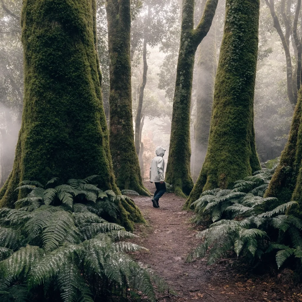 Bosque de laurisilva en una ladera de la isla, con niebla entre troncos cubiertos de musgo