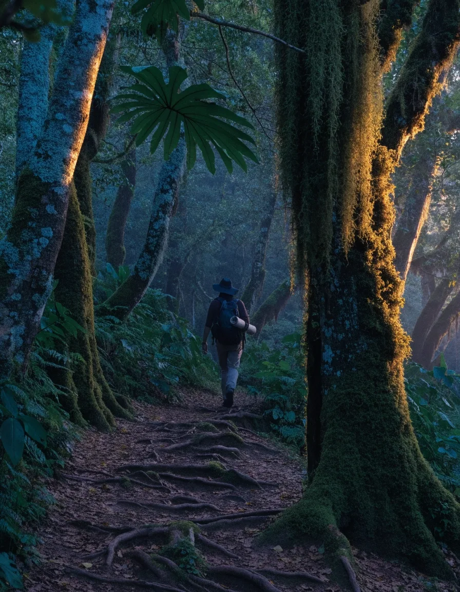 Sendero entre árboles del monteverde con niebla suave al atardecer