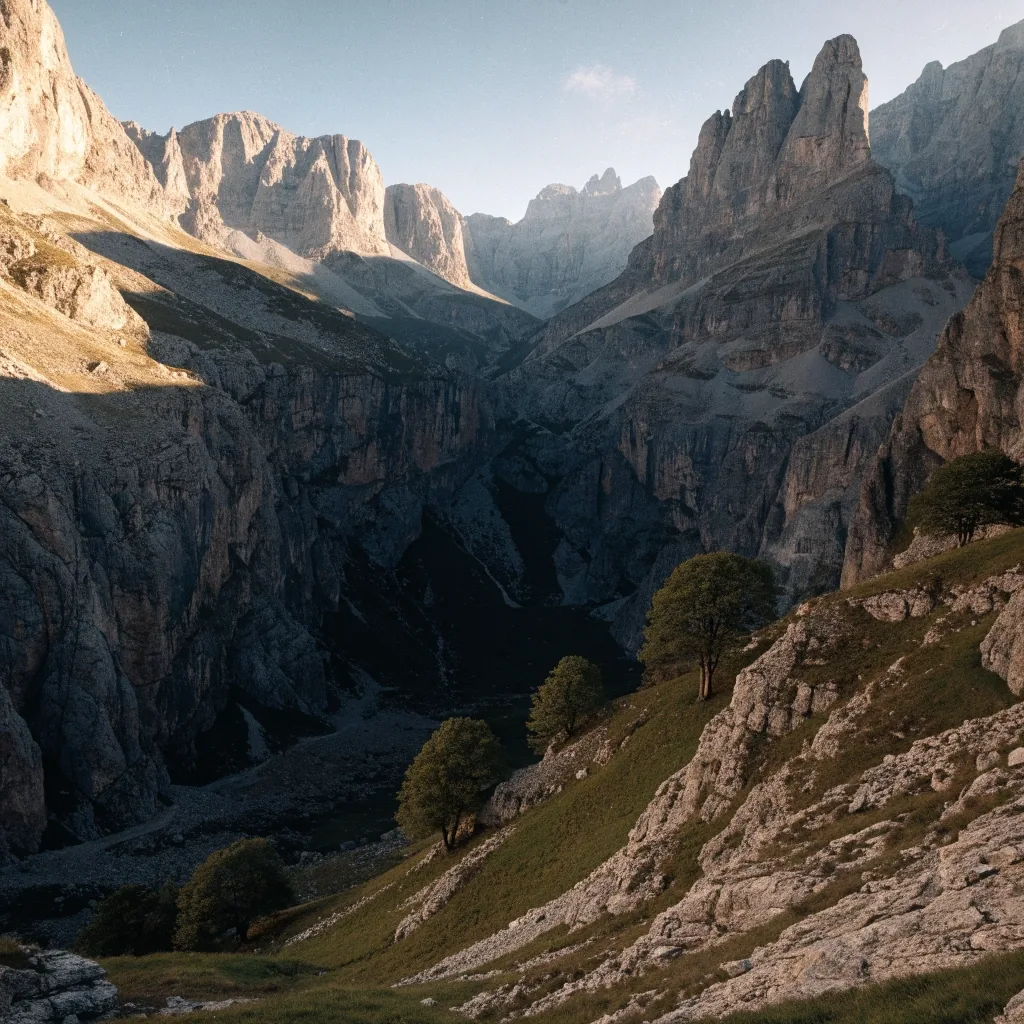 Cordillera cantábrica de Picos de Europa al atardecer, con la caliza iluminada por un sol bajo