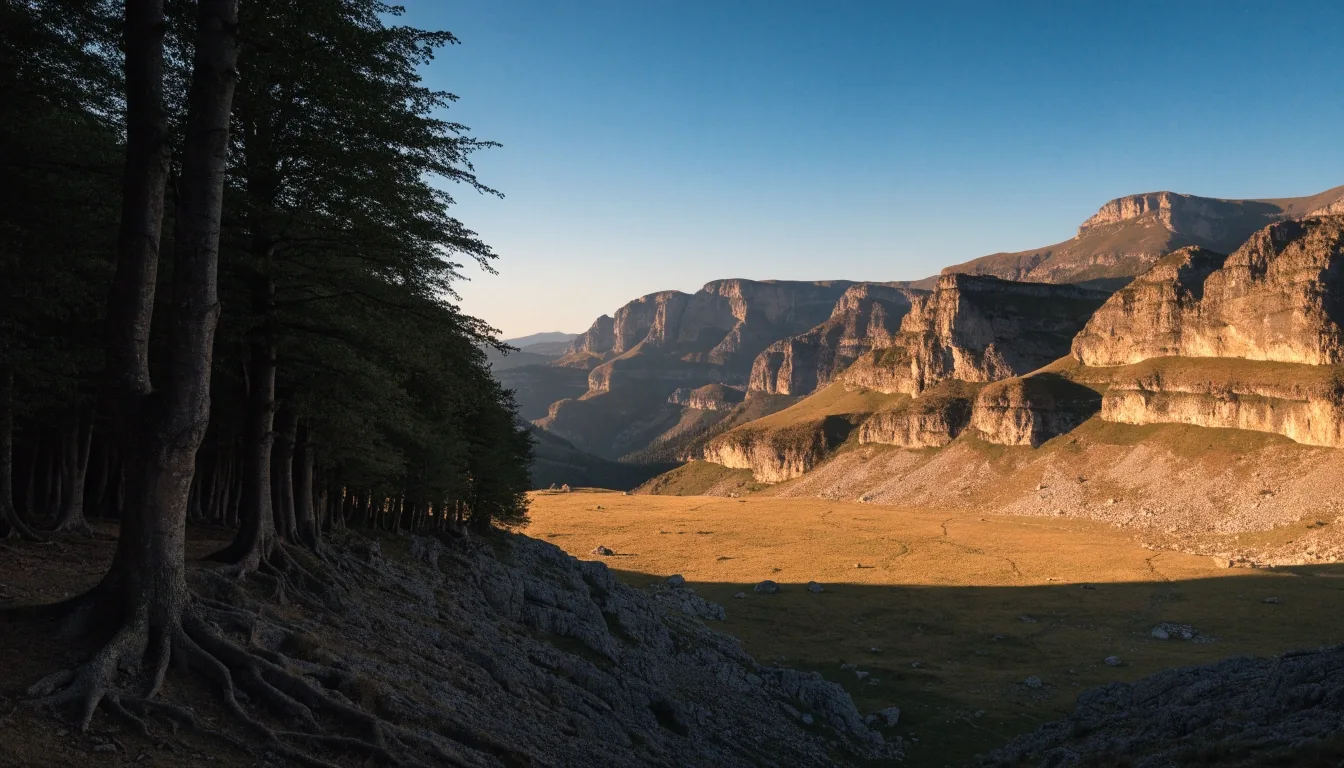 Vista desde un collado alto donde se suceden hayedo, pasto de altura y crestas de caliza