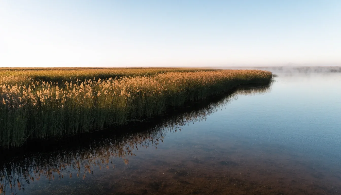 Humedal costero del Delta del Ebro al atardecer, con carrizales y horizonte abierto
