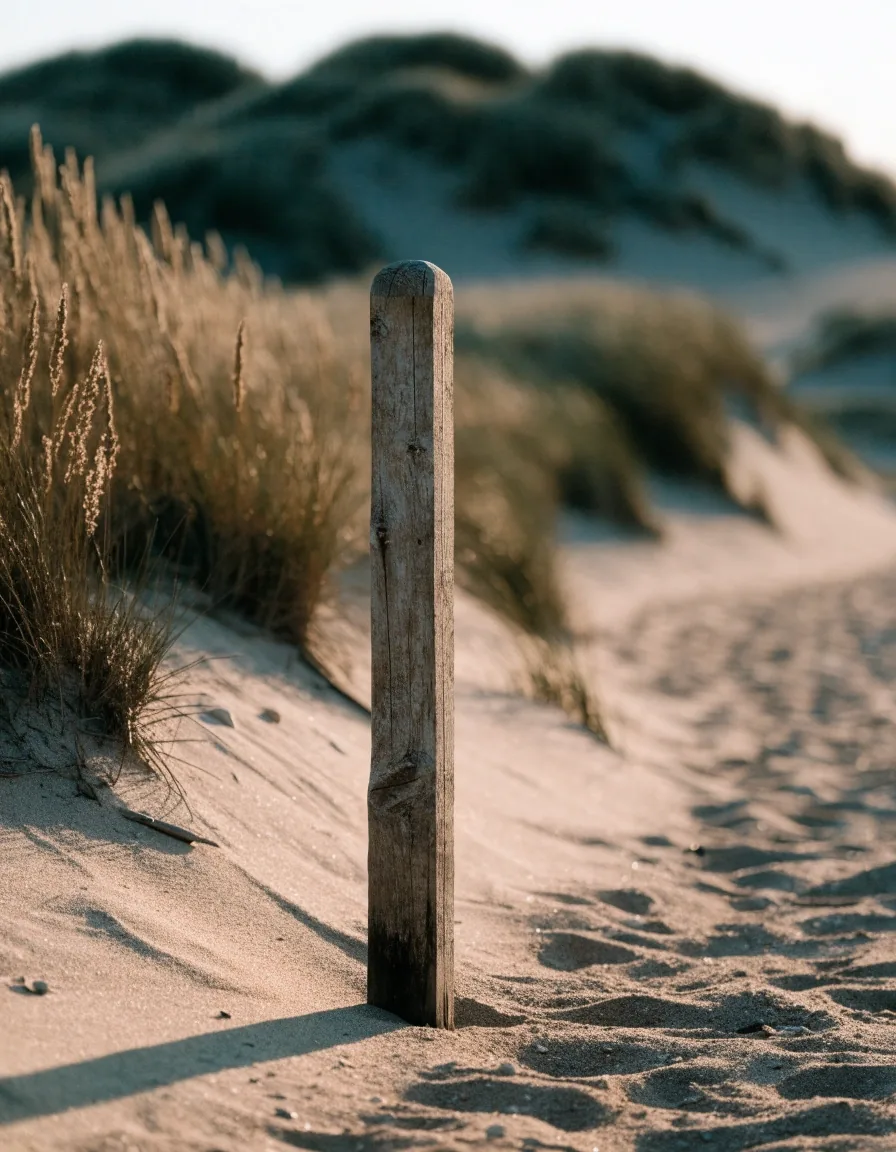 Poste de madera junto a un sendero con luz cálida de última hora