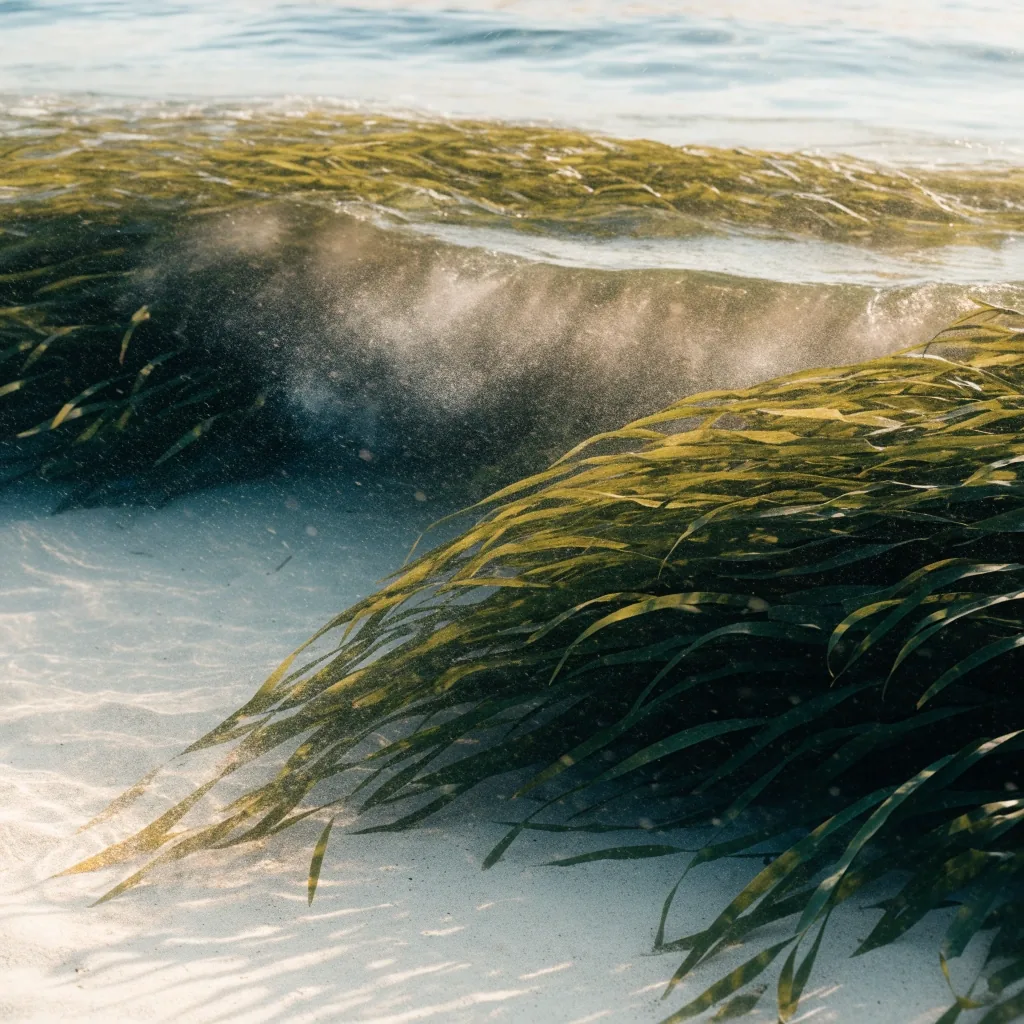 Detalle de las hojas de posidonia frenando el oleaje sobre fondo arenoso