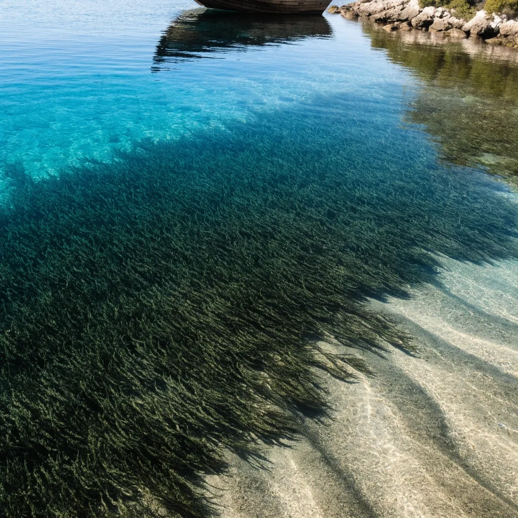 Pradera de posidonia en el fondo marino mediterráneo con haces de luz dorada entre las hojas