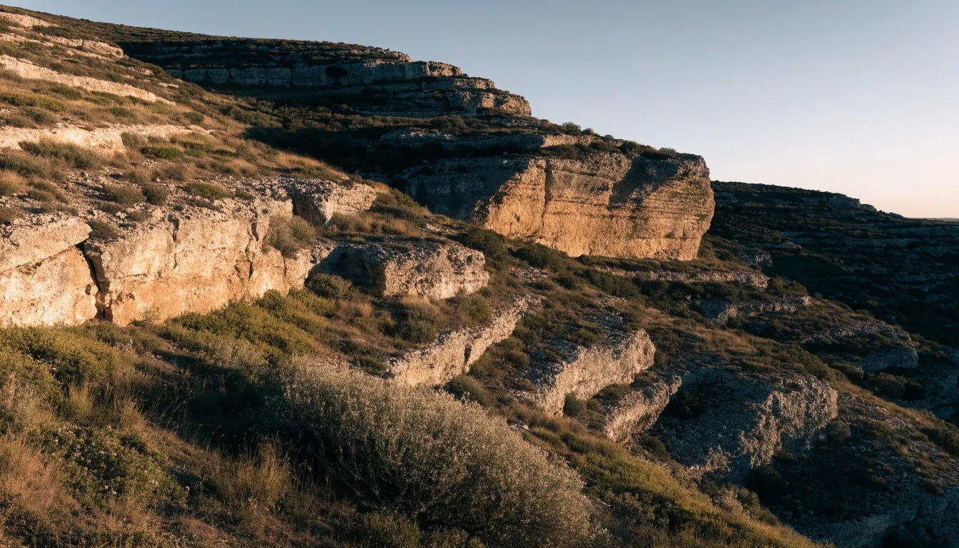 Ladera de montaña española al atardecer, con luz baja entrando desde la izquierda y sombras largas sobre la piedra