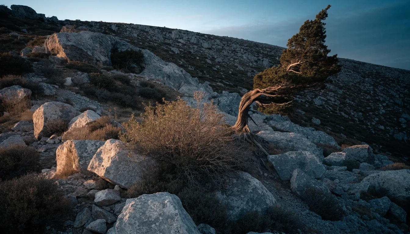 Ladera pedregosa de alta montaña española al atardecer, con matorral seco y un enebro a media distancia