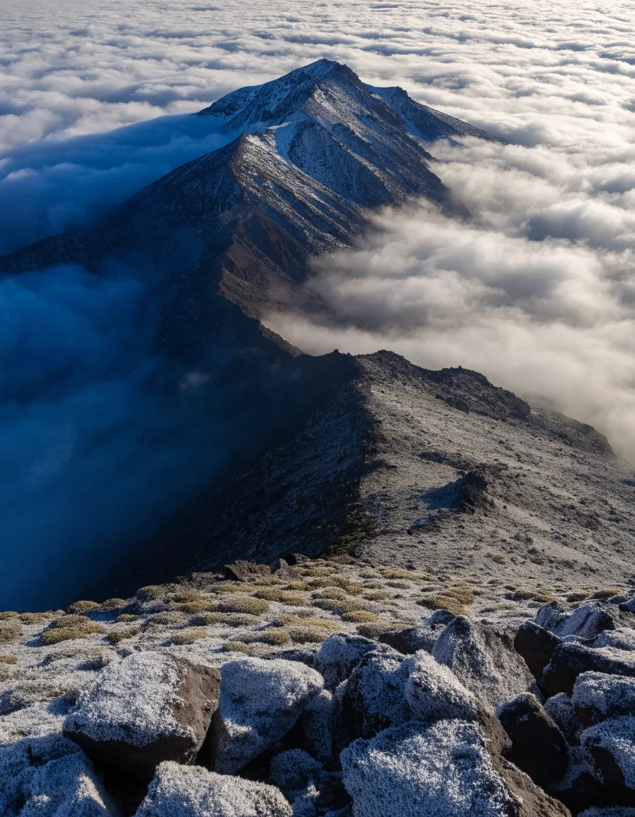 Mar de nubes bajo las cumbres secas del Teide al atardecer